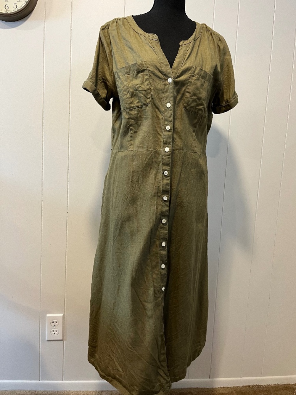 Talbots 100% Linen Shirtdress sz 12 Olive Green Utility Cuffed Short Sleeve EUC